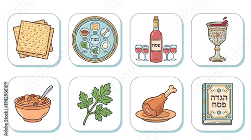 Collection of Traditional Passover Seder Meal Items and Symbols Illustrated as Icons for Jewish Holiday Celebrations and Cultural Traditions