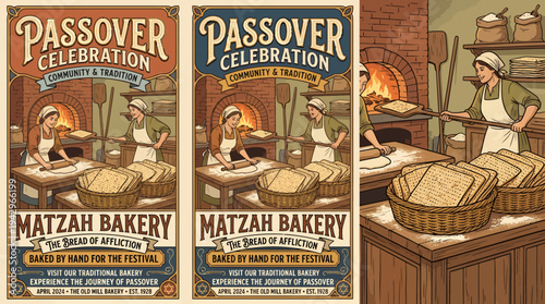 Traditional bakery scene celebrating an ancient cultural festival with bakers preparing unleavened bread by hand in a rustic brick oven