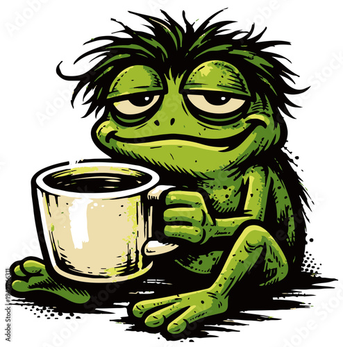 A sarcastic tired frog character expressing the classic no sleep mood. The grunge textures and halftone shading add attitude while keeping