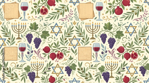 Festive Jewish Cultural Seamless Pattern Featuring Traditional Holiday Symbols Matzah, Menorah, Wine, Grapes, Pomegranates, and Stars of David