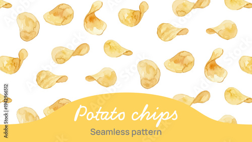 Watercolor-style crispy potato chips illustration, golden snack food, crinkle cut／ポテトチップス