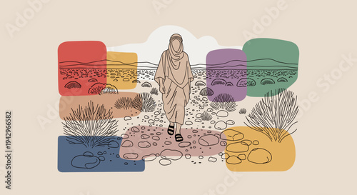 A serene illustration of a person walking on a rocky path, featuring a minimalist style with earthy colors and abstract landscapes