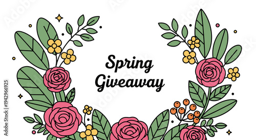 A vibrant floral illustration featuring roses and leaves, designed in a modern, flat style for seasonal promotions