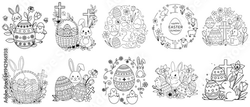 Easter Coloring Page Elements Outline Set
