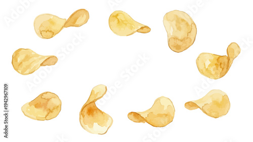 Watercolor-style crispy potato chips illustration, golden snack food, crinkle cut／ポテトチップス