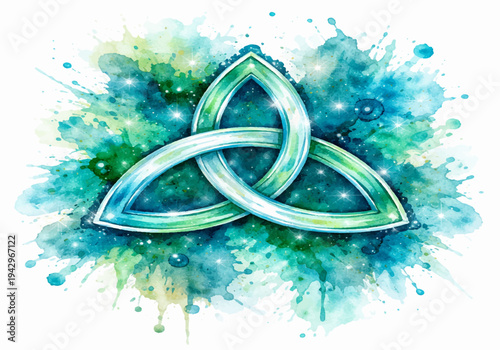 Celtic Triquetra Knot Symbol with Blue and Green Watercolor Splash Abstract Spiritual Vector Illustration