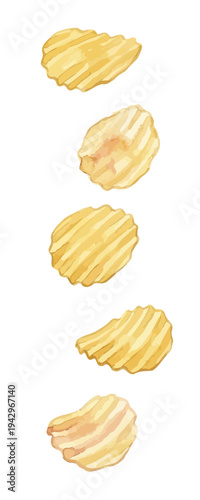 Watercolor-style crispy potato chips illustration, golden snack food, crinkle cut／ポテトチップス