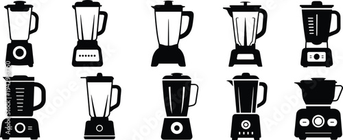 Kitchen blender silhouettes collection, electric smoothie mixer appliance set, household cooking equipment isolated black silhouette illustration vector