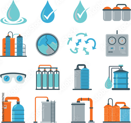 Water Treatment and Purification System Icon Set Featuring Filtration Tanks Recycling Process Industrial Equipment Clean Drinking Water Technology Collection