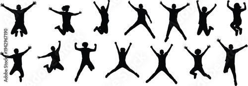 Jumping people silhouettes collection, happy celebration jump poses set, energetic human action isolated black silhouette illustration vector