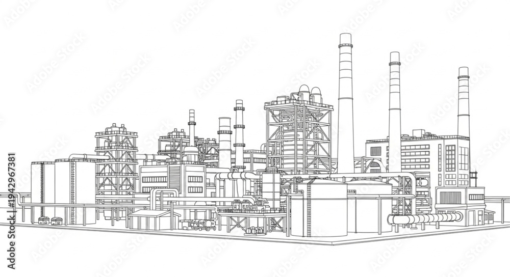 Fototapeta premium Industrial Factory Complex Line Drawing.