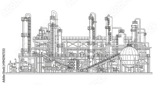 Industrial Factory Complex Line Drawing.