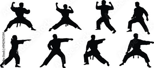 karate martial arts silhouette set, fighting stance athlete collection, black karate training poses, combat sport action icons, isolated vector illustration