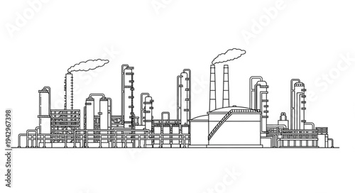 Industrial Factory Complex Line Drawing.