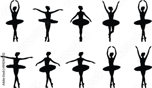 Ballet dancer silhouettes collection, graceful ballerina poses classical dance performance tutu elegant female ballet vector illustration set