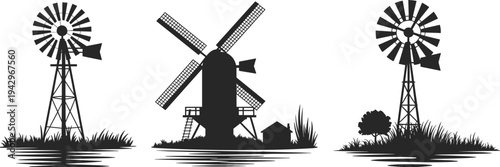 Black windmill silhouette vector illustration with American and European designs, water reflections, grass, and rural landscape, perfect for stock art, logos, tattoos, and decorative projects.