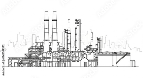 Industrial Factory Complex Blueprint Illustration.