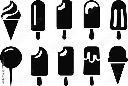 Ice cream and popsicle silhouette icons set, frozen dessert collection including cones bars lollipops summer sweet treat vector illustration