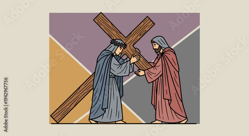 A stylized illustration of a biblical scene depicting a figure carrying a cross, rendered in a modern geometric style