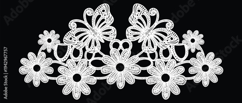 Horizontal lace border with flowers and butterflies  hand drawn vector illustration. Elegant decorative trim in vintage style with delicate floral ornament. Retro design for wedding invitations