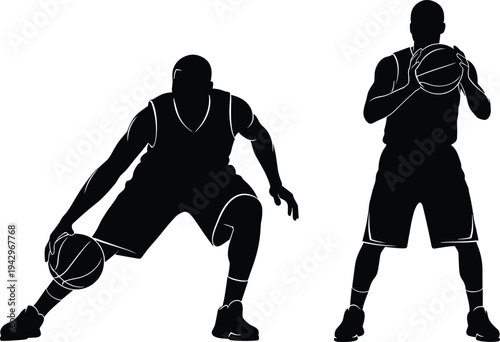 Black silhouette of basketball players in action, athlete dribbling ball and player holding basketball, sport competition concept isolated on white