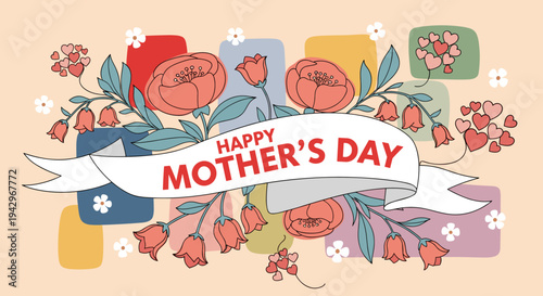 A cheerful Mother's Day illustration featuring vibrant flowers and a festive banner in a modern flat style