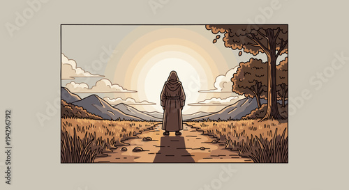 A serene landscape featuring a cloaked figure gazing at a sunrise over rolling hills, in a modern flat style