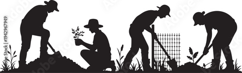 Silhouette of Four People Planting Seedlings and Gardening