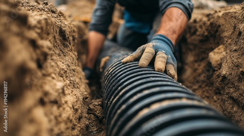 Worker installing corrugated pipe in trench for drainage solution and trench drain control, showing pipe, soil, glove, and hand managing pipe placement.