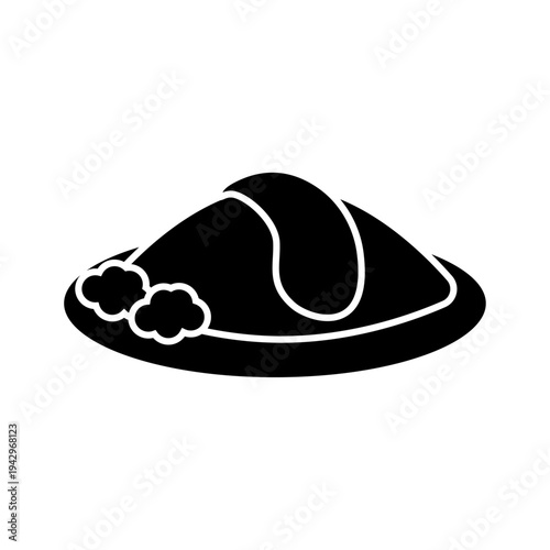 オムライスシルエットアイコン ブロッコリー付き洋食プレートのフードシンボル シンプルな料理ベクター素材 / Omurice silhouette icon omelet rice plate with broccoli simple food vector
