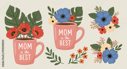 A charming collection of floral designs featuring mugs with the text 'Mom is the Best', in a modern illustration style