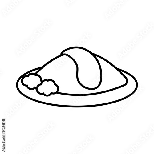 オムライス線画アイコン ブロッコリー付き洋食プレートのアウトラインフードイラスト シンプルな料理ベクター素材 / Omurice outline icon omelet rice plate with broccoli simple food line vector