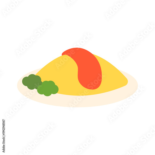 オムライスアイコン ケチャップとブロッコリーが添えられた洋食プレート シンプルなフラットフードベクター素材 / Omurice icon omelet rice with ketchup and broccoli simple flat food vector