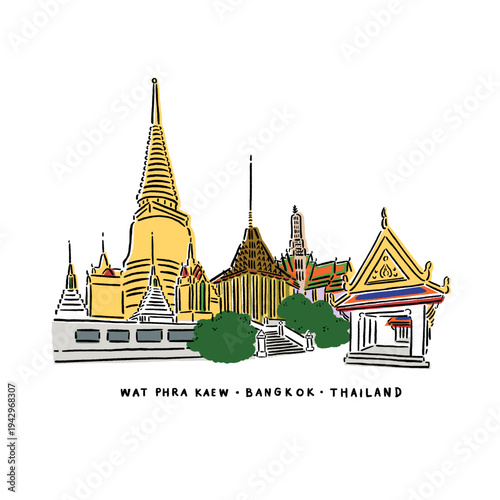 Wat Phra Kaew Temple of Emerald Buddha Bangkok Landmark City scene Thailand Hand drawn line art Color illustration 