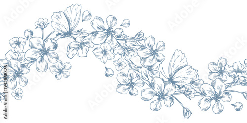 A wave pattern of apple tree branches with flowers and butterflies. A hand-drawn ink graphic illustration in a line art style. A long seamless border for weddings and romantic occasions.