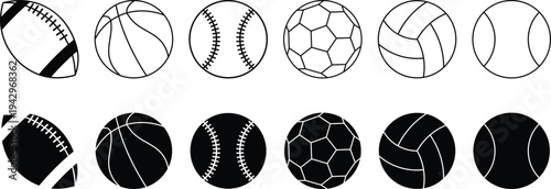 Set of sport balls Icons silhouette vector. Football, vollyball, soccer and rugby outline and drawing design for sports.