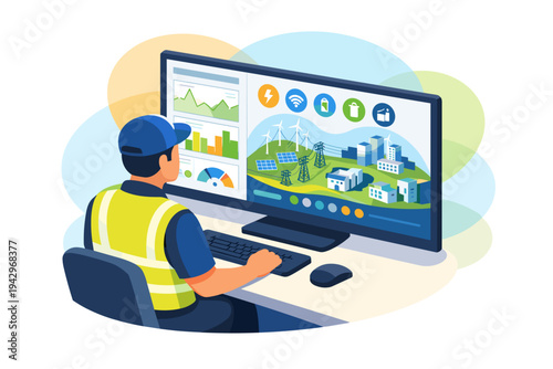 Man in safety vest using computer with eco city dashboard.