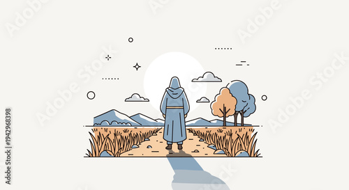 A serene landscape featuring a figure in a cloak walking along a path, illustrated in a minimalist style
