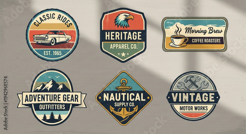 Collection of six vintage retro style badges and emblems.