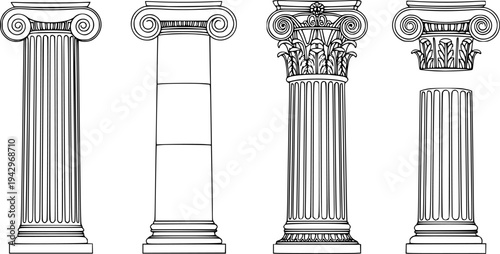 Four ionic column designs black and white
