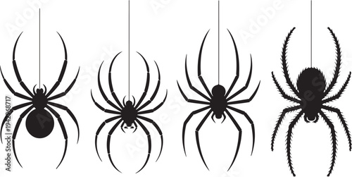 Four Silhouettes Of Spiders Hanging On Threads vector