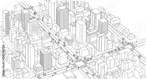 Detailed architectural sketch of a bustling city street scene.