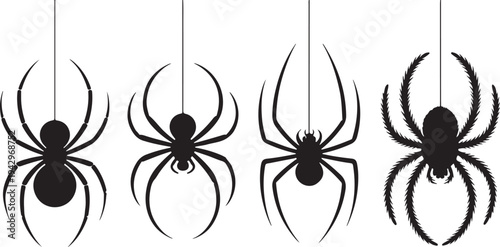 Four Silhouettes Of Spiders Hanging On Threads vector