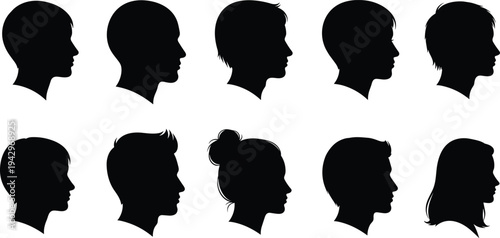 Collection of ten diverse male and female human head profile silhouettes with various hairstyles isolated on white background for social media and identity icons