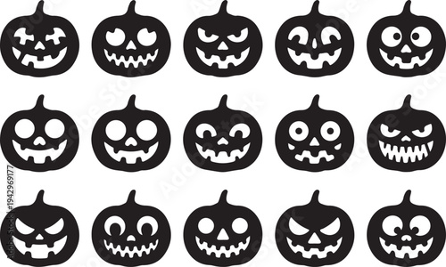 Collection of fifteen carved Halloween pumpkin faces silhouettes