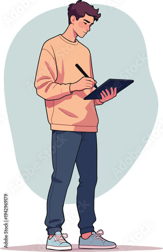 Illustrazione vettoriale di una persona che scrive o lavora su computer e tablet. Concetto di produttività, studio, lavoro digitale, tecnologia e creatività, adatto a progetti educativi, business e te