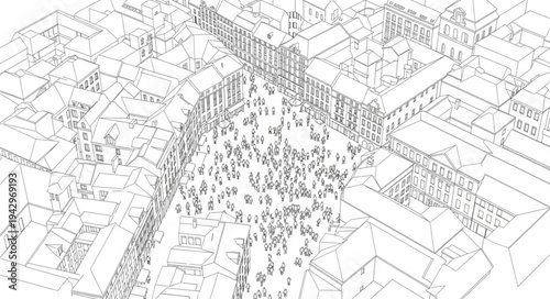 Aerial view of a bustling city street with many people walking.