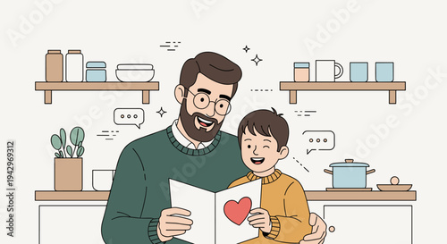 A father and son sharing a joyful moment while reading a book, illustrated in a modern, flat style
