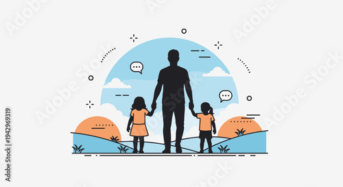Silhouette of a parent holding hands with two children against a stylized landscape and sky, modern flat design