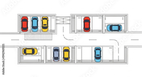 Top view illustration of a parking garage with colorful cars.